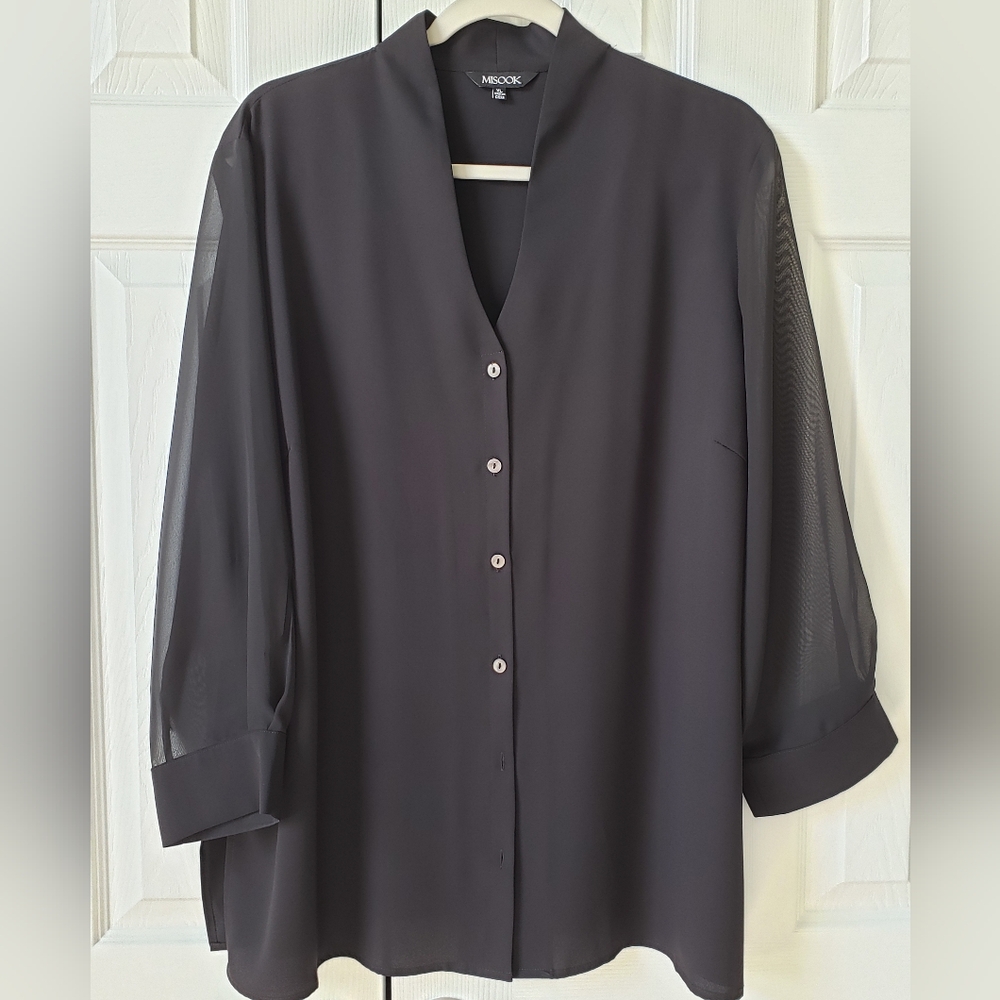 🌟Misook Black Button Down Crepe de Chine Blouse, Sheer Sleeves, Size XL, NWOT🌟